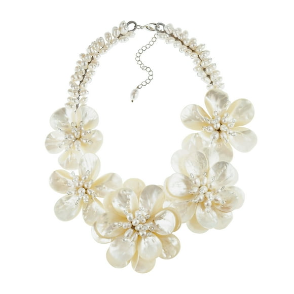 AeraVida Cascading White Lily Flowers Mother of Pearl and Bead Floral Statement Necklace AeraVida Cascading White Lily Flowers Mother of Pearl and Bead Floral Statement Necklace